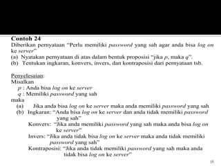 56
Contoh 24
Diberikan pernyataan “Perlu memiliki password yang sah agar anda bisa log on
ke server”
(a) Nyatakan pernyataan di atas dalam bentuk proposisi “jika p, maka q”.
(b) Tentukan ingkaran, konvers, invers, dan kontraposisi dari pernyataan tsb.
Penyelesaian:
Misalkan
p : Anda bisa log on ke server
q : Memiliki password yang sah
maka
(a) Jika anda bisa log on ke server maka anda memiliki password yang sah
(b) Ingkaran: “Anda bisa log on ke server dan anda tidak memiliki password
yang sah”
Konvers: “Jika anda memiliki password yang sah maka anda bisa log on
ke server”
Invers: “Jika anda tidak bisa log on ke server maka anda tidak memiliki
password yang sah”
Kontraposisi: “Jika anda tidak memiliki password yang sah maka anda
tidak bisa log on ke server”
 