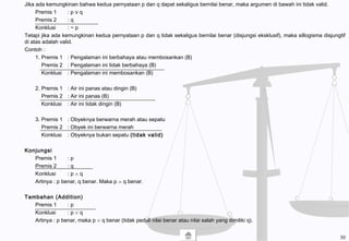 Jika ada kemungkinan bahwa kedua pernyataan p dan q dapat sekaligus bernilai benar, maka argumen di bawah ini tidak valid.
Premis 1 : p ∨ q
Premis 2 : q
Konklusi : ~ p
Tetapi jika ada kemungkinan kedua pernyataan p dan q tidak sekaligus bernilai benar (disjungsi eksklusif), maka sillogisma disjungtif
di atas adalah valid.
Contoh :
1. Premis 1 : Pengalaman ini berbahaya atau membosankan (B)
Premis 2 : Pengalaman ini tidak berbahaya (B)
Konklusi : Pengalaman ini membosankan (B)
2. Premis 1 : Air ini panas atau dingin (B)
Premis 2 : Air ini panas (B)
Konklusi : Air ini tidak dingin (B)
3. Premis 1 : Obyeknya berwarna merah atau sepatu
Premis 2 : Obyek ini berwarna merah
Konklusi : Obyeknya bukan sepatu (tidak valid)
Konjungsi
Premis 1 : p
Premis 2 : q
Konklusi : p ∧ q
Artinya : p benar, q benar. Maka p ∧ q benar.
Tambahan (Addition)
Premis 1 : p
Konklusi : p ∨ q
Artinya : p benar, maka p ∨ q benar (tidak peduli nilai benar atau nilai salah yang dimiliki q).
30
 