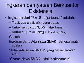 Ingkaran pernyataan Berkuantor Ekistensial  Ingkaran dari “  x  S, p(x) benar” adalah: Tidak ada x   S, p(x) benar; atau Untuk semua x   S, p(x) tidak benar Notasi : ~[   x   S,p(x)]       x   S,~p(x) Contoh: Ingkaran dari : Ada siswa SMAK1 berkaca mata adalah: “ Tidak ada siswa SMAK1 yang berkacamata” atau: “ Semua siswa SMAK1 tidak berkacamata” 