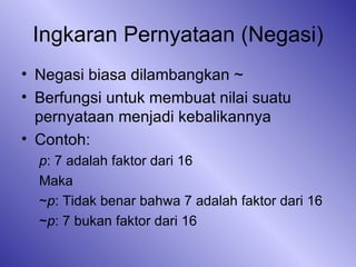 Ingkaran Pernyataan (Negasi) Negasi biasa dilambangkan ~ Berfungsi untuk membuat nilai suatu pernyataan menjadi kebalikannya Contoh: p : 7 adalah faktor dari 16 Maka  ~ p : Tidak benar bahwa 7 adalah faktor dari 16 ~ p : 7 bukan faktor dari 16 
