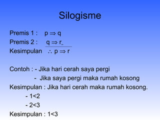 Silogisme Premis 1 :  p    q Premis 2 :  q    r   Kesimpulan    p    r Contoh : - Jika hari cerah saya pergi   -  Jika saya pergi maka rumah kosong Kesimpulan : Jika hari cerah maka rumah kosong. - 1<2 - 2<3 Kesimpulan : 1<3 