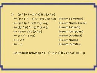 2) (𝑝 ∧ ∼ ∼ 𝑝 ∨ 𝑞 ) ∨ (𝑝 ∧ 𝑞)
⟺ (𝑝 ∧ (~ ∼ 𝑝) ∧∼ 𝑞 ) ∨ (𝑝 ∧ 𝑞) (Hukum de Morgan)
⟺ 𝑝 ∧ (𝑝 ∧ ~𝑞) ∨ (𝑝 ∧ 𝑞) (Hukum Negasi Ganda)
⟺ (𝑝 ∧ 𝑝) ∧∼ 𝑞) ∨ (𝑝 ∧ 𝑞 (Hukum Asosiatif)
⟺ 𝑝 ∧∼ 𝑞) ∨ (𝑝 ∧ 𝑞 (Hukum Idempoten)
⟺ 𝑝 ∧ ∼ 𝑞 ∨ 𝑞 (Hukum Distributif)
⟺ 𝑝 ∧ 𝑇 (Hukum Negasi)
⟺ ∼ 𝑝 (Hukum Identitas)
Jadi terbukti bahwa (𝑝 ∧ ∼ ∼ 𝑝 ∨ 𝑞 ) ∨ (𝑝 ∧ 𝑞) ⟺ ∼ 𝑝
 