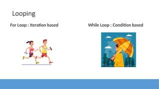 Looping
For Loop : Iteration based While Loop : Condition based
 