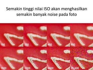Semakin tinggi nilai ISO akan menghasilkan
semakin banyak noise pada foto
 