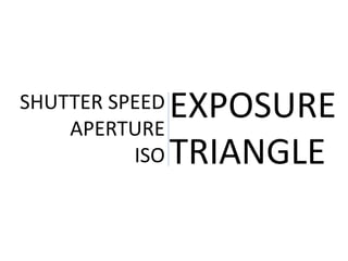 SHUTTER SPEED
APERTURE
ISO
EXPOSURE
TRIANGLE
 
