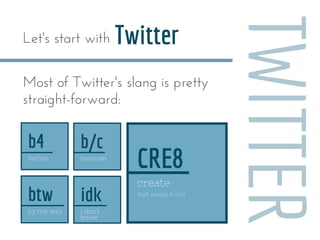 b4
before
btw
by the way
Just sound it out!
CRE8
Twitter
create
TWITTER
Let's start with
Most of Twitter's slang is pretty...
