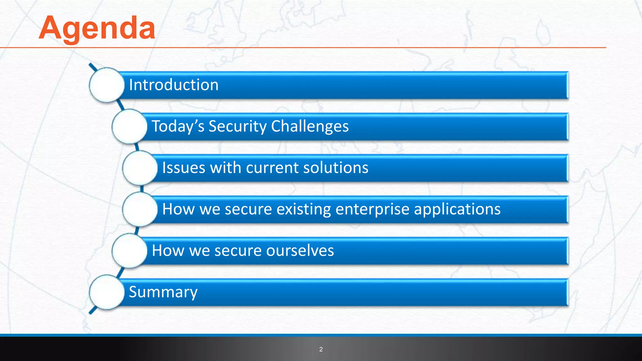 2
Introduction
Today’s Security Challenges
Issues with current solutions
How we secure existing enterprise applications
How we secure ourselves
Summary
Agenda
 