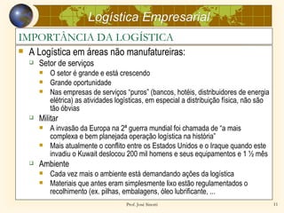 Logística Empresarial
IMPORTÂNCIA DA LOGÍSTICA
   A Logística em áreas não manufatureiras:
       Setor de serviços
           O setor é grande e está crescendo
           Grande oportunidade
           Nas empresas de serviços “puros” (bancos, hotéis, distribuidores de energia
            elétrica) as atividades logísticas, em especial a distribuição física, não são
            tão óbvias
       Militar
           A invasão da Europa na 2ª guerra mundial foi chamada de “a mais
            complexa e bem planejada operação logística na história”
           Mais atualmente o conflito entre os Estados Unidos e o Iraque quando este
            invadiu o Kuwait deslocou 200 mil homens e seus equipamentos e 1 ½ mês
       Ambiente
           Cada vez mais o ambiente está demandando ações da logística
           Materiais que antes eram simplesmente lixo estão regulamentados o
            recolhimento (ex. pilhas, embalagens, óleo lubrificante, ...
                                       Prof. José Sinotti                                    11
 