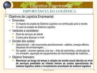 Logística Empresarial
                  IMPORTÂNCIA DA LOGÍSTICA
   Objetivos da Logística Empresarial:
       Dimensões:
           O impacto do projeto do Sistema Logístico na contribuição para a receita
           O custo do projeto do Sistema Logístico
       Variáveis a considerar:
           Nível de serviços ao cliente
           Custos para alcançar o nível
       Divisão dos custos:
           Operacionais – são recorrentes periodicamente - salários, energia elétrica,
            despesas de armazenagem, ...
           De capital – ocorrem apenas uma vez – frota de caminhões, construção de
            um armazém, aquisição de equipamentos de movimentação de materiais, ..
       Objetivo financeiro
           Maximizar ao longo do tempo a relação da receita anual (devido ao nível
            de serviços prestados ao cliente) menos os custos operacionais do
            sistema logístico sobre o investimento anualizado do sistema logístico
                                       Prof. José Sinotti                                 13
 