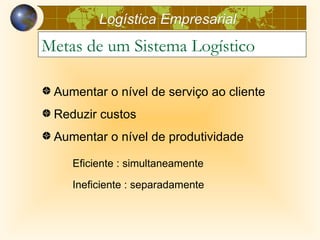 Logística Empresarial
Metas de um Sistema Logístico

 Aumentar o nível de serviço ao cliente
 Reduzir custos
 Aumentar o nível de produtividade

    Eficiente : simultaneamente

    Ineficiente : separadamente
 