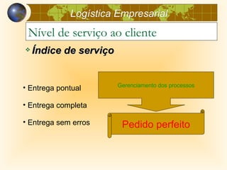 Logística Empresarial
 Nível de serviço ao cliente
   Índice de serviço


                        Gerenciamento dos processos
• Entrega pontual

• Entrega completa

• Entrega sem erros      Pedido perfeito
 