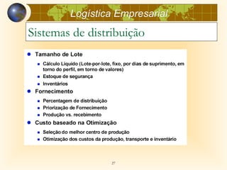 Logística Empresarial
Sistemas de distribuição




                 27
 