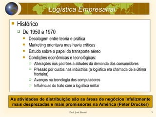 Logística Empresarial
   Histórico
       De 1950 a 1970
           Decolagem entre teoria e prática
           Marketing orientava mas havia críticas
           Estudo sobre o papel do transporte aéreo
           Condições econômicas e tecnológicas:
               Alterações nos padrões a atitudes da demanda dos consumidores
               Pressão por custos nas indústrias (a logística era chamada de a última
                fronteira)
               Avanços na tecnologia dos computadores
               Influências do trato com a logística militar


As atividades de distribuição são as áreas de negócios infelizmente
 mais desprezadas e mais promissoras na América (Peter Drucker)
                                      Prof. José Sinotti                                 5
 