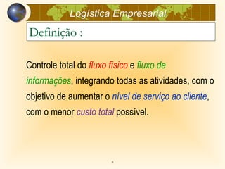 Logística Empresarial
Definição :

Controle total do fluxo físico e fluxo de
informações, integrando todas as atividades, com o
objetivo de aumentar o nível de serviço ao cliente,
com o menor custo total possível.



                         8
 