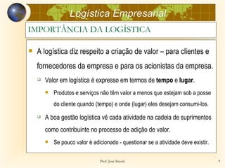 Logística Empresarial
IMPORTÂNCIA DA LOGÍSTICA

   A logística diz respeito a criação de valor – para clientes e
    fornecedores da empresa e para os acionistas da empresa.
       Valor em logística é expresso em termos de tempo e lugar.
           Produtos e serviços não têm valor a menos que estejam sob a posse
            do cliente quando (tempo) e onde (lugar) eles desejam consumi-los.
       A boa gestão logística vê cada atividade na cadeia de suprimentos
        como contribuinte no processo de adição de valor.
           Se pouco valor é adicionado - questionar se a atividade deve existir.

                                Prof. José Sinotti                                  9
 