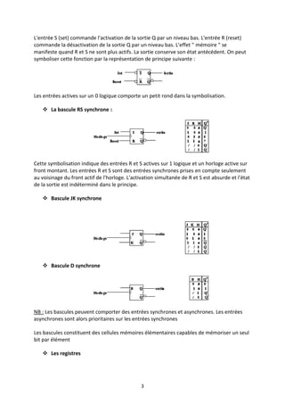 L'entrée S (set) commande l'activation de la sortie Q par un niveau bas. L'entrée R (reset)
commande la désactivation de la sortie Q par un niveau bas. L'effet " mémoire " se
manifeste quand R et S ne sont plus actifs. La sortie conserve son état antécédent. On peut
symboliser cette fonction par la représentation de principe suivante :




Les entrées actives sur un 0 logique comporte un petit rond dans la symbolisation.

    La bascule RS synchrone :




Cette symbolisation indique des entrées R et S actives sur 1 logique et un horloge active sur
front montant. Les entrées R et S sont des entrées synchrones prises en compte seulement
au voisinage du front actif de l'horloge. L'activation simultanée de R et S est absurde et l'état
de la sortie est indéterminé dans le principe.

    Bascule JK synchrone




    Bascule D synchrone




NB : Les bascules peuvent comporter des entrées synchrones et asynchrones. Les entrées
asynchrones sont alors prioritaires sur les entrées synchrones

Les bascules constituent des cellules mémoires élémentaires capables de mémoriser un seul
bit par élément

    Les registres




                                                3
 