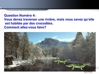 Question Numéro 4: Vous devez traverser une rivière, mais vous savez qu’elle est habitée par des crocodiles.  Comment allez-vous faire ?   