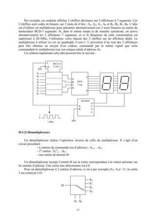 37
Par exemple, on souhaite afficher 2 chiffres décimaux sur 2 afficheurs à 7 segments. Ces
2 chiffres sont codés en binaire, sur 2 mots de 4 bits : A3, A2, A1, A0 et B3, B2, B1, B0. L’idée
est d’utiliser un multiplexeur pour présenter alternativement ces 2 mots binaires en entrée du
transcodeur BCD-7 segments. Si, dans le même temps et de manière synchrone, on active
alternativement les 2 afficheurs 7 segments, et si la fréquence de cette commutation est
supérieure à 20-30Hz, l’utilisateur verra chacun des 2 chiffres sur un afficheur dédié. Le
multiplexeur à utiliser ici est un quadruple 2-vers-1. L’activation d’un seul des 2 afficheurs
peut être obtenue au moyen d’un codeur, commandé par le même signal que celui
commandant le multiplexeur (sur son unique entrée d’adresse A).
Un schéma implantant cette idée pourrait être le suivant :
II.3.2) Démultiplexeurs
Un démultiplexeur réalise l’opération inverse de celle du multiplexeur. Il s’agit d’un
circuit possédant :
- n entrées de commande (ou d’adresse) : An-1…A0 ;
- 2n
sorties : S2
n
-1…S0 ;
- une entrée de donnée D.
Un démultiplexeur recopie l’entrée D sur la sortie correspondant à la valeur présente sur
les entrées d’adresse. Une sortie non sélectionnée est à 0.
Pour un démultiplexeur à 2 entrées d’adresse, si on a par exemple (A1, A0)= 11, la sortie
3 est connecté à D :
a
g
DCB -
7 seg.
A
B
C
D
MUX 4×
2 vers 1
A0
décodeur
s0
s1
s2
s3
A
B
val
A
1
0
>30Hz
B0
A1
B1
A2
B2
A3
B3
A1 A0
D
S0
S1
S2
S3
 