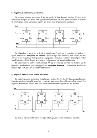 60
b) Registres à entrée série, sortie série
Ce registre possède une entrée E et une sortie S. Les données binaires d’entrée sont
introduites bit après bit. Elles sont également disponibles les unes après les autres au rythme
de l'horloge en sortie. Ce type de registre est utilisé pour effectuer des décalages.
En rebouclant la sortie de la dernière bascule sur l’entrée de la première, on obtient ce
qu’on appelle un "compteur en anneau". Pour charger une donnée 4 bits initiale sur les
entrées D des bascules, il faut ajouter une logique de commande composée de quelques portes
supplémentaires. Cette donnée se retrouver cycliquement sur les mêmes bascules.
En rebouclant la sortie complémentée Q de la dernière bascule sur l’entrée de la
première, on obtient ce que l’on appelle un "compteur Johnson". Ce compteur possède un
modulo égal à 2n, où n est le nombre de bascules.
c) Registres à entrée série, sorties parallèles
Ce registre possède une entrée E et plusieurs sorties (S1, S2, S3, S4). Les données binaires
d’entrée sont introduites bit après bit. Les sorties sont toutes disponibles en même temps. Ces
registres peuvent être utilisés pour faire une transformation série-parallèle des données.
La donnée est disponible après N coups d’horloge, où N est le nombre de bascules.
D
PRE
CLR
Q
QH
D
PRE
CLR
Q
QH
D
PRE
CLR
Q
QH
D
PRE
CLR
Q
QH
RAU
RAZ
H
E
S
D
PRE
CLR
Q
QH
D
PRE
CLR
Q
QH
D
PRE
CLR
Q
QH
D
PRE
CLR
Q
QH
RAU
RAZ
H
E
S1 S2 S3 S4
 