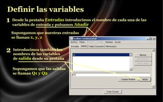 Definir las variables
1 Desde la pestaña Entradas introducimos el nombre de cada una de las
variables de entrada y pulsamos Añadir

Supongamos que nuestras entradas
se llaman x, y, z

2

Introducimos también los
nombres de las variables
de salida desde su pestaña
Supongamos que las salidas
se llaman Q1 y Q2

 
