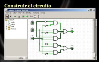 Construir el circuito
Con este botón el simulador construirá un circuito de puertas que proporciona
la función lógica de cada salida, dibujado de forma elegante y proporcionada.
Al pulsar el botón aparece un cuadro
de diálogo para que escribas los
nombres de tu proyecto y tu circuito.
Si el nombre del circuito ya existe,
te pedirá que confirmes su reemplazo

 