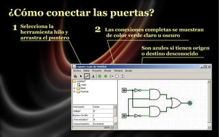 ¿Cómo conectar las puertas?
1 Selecciona la hilo y
2 Las conexiones completas se muestran
herramienta
arrastra el puntero

de color verde claro u oscuro

Son azules si tienen origen
o destino desconocido

 