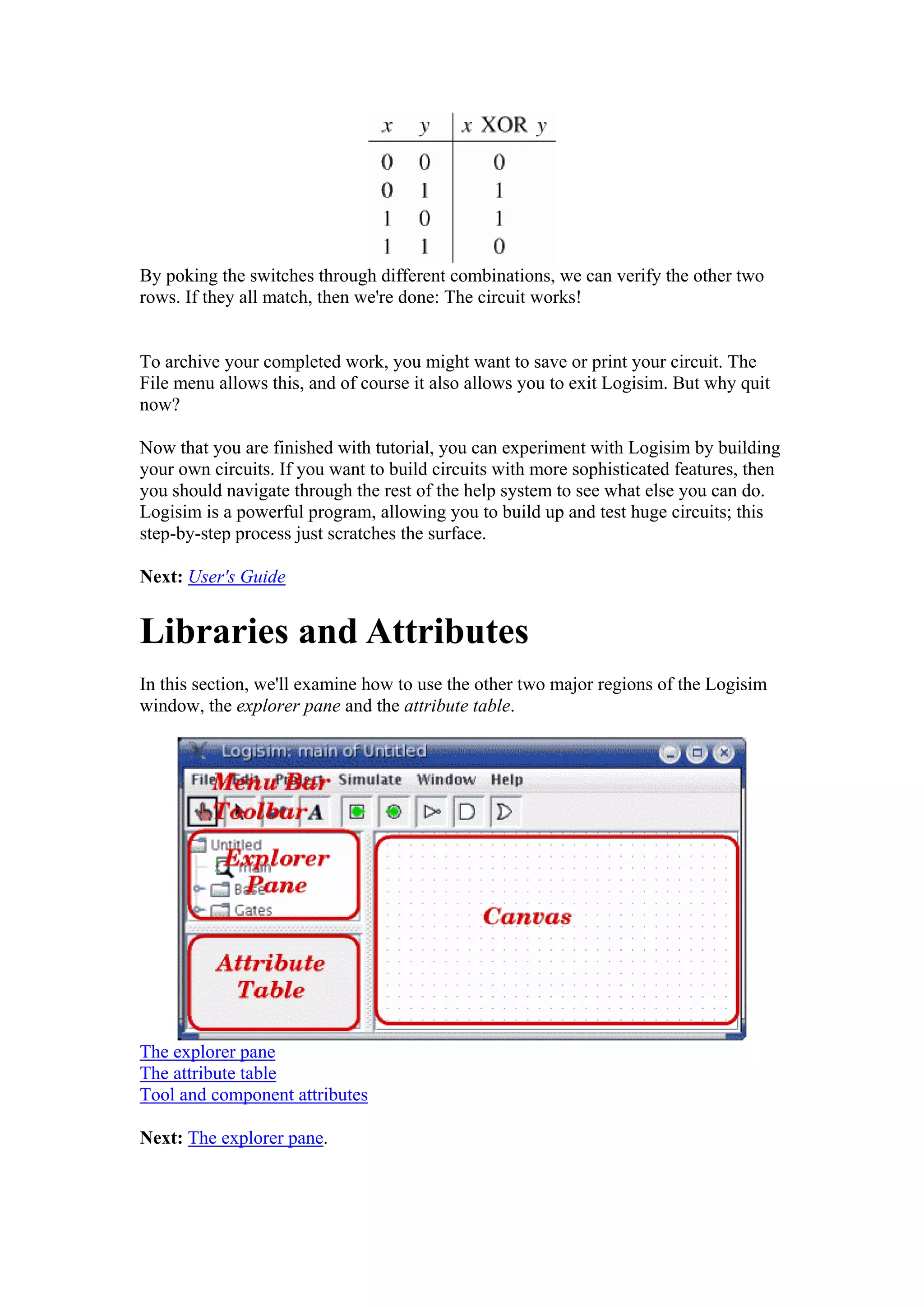 By poking the switches through different combinations, we can verify the other two
rows. If they all match, then we're done: The circuit works!
To archive your completed work, you might want to save or print your circuit. The
File menu allows this, and of course it also allows you to exit Logisim. But why quit
now?
Now that you are finished with tutorial, you can experiment with Logisim by building
your own circuits. If you want to build circuits with more sophisticated features, then
you should navigate through the rest of the help system to see what else you can do.
Logisim is a powerful program, allowing you to build up and test huge circuits; this
step-by-step process just scratches the surface.
Next: User's Guide
Libraries and Attributes
In this section, we'll examine how to use the other two major regions of the Logisim
window, the explorer pane and the attribute table.
The explorer pane
The attribute table
Tool and component attributes
Next: The explorer pane.
 