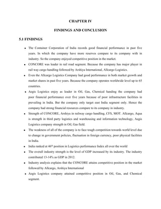 CHAPTER IV
FINDINGS AND CONCLUSION
5.1 FINDINGS
• The Container Corporation of India records good financial performance in past five
years. In which the company have more reserves compare to its company with in
industry. So the company enjoyed competitive position in the market.
• CONCORE was leader in rail road segment. Because the company has major player in
rail way cargo handling followed by Arshiya International, Allcargo Logistics.
• Even the Allcargo Logistics Company had good performance in both market growth and
market shares in past five years. Because the company operates worldwide level up to 65
countries.
• Aegis Logistics enjoy as leader in Oil, Gas, Chemical handing the company had
poor financial performance over five years because of poor infrastructure facilities in
prevailing in India. But the company only target east India segment only. Hence the
company had strong financial resources compare to its company in industry.
• Strength of CONCORE, Arshiya in railway cargo handling, CFS, MOT. Allcargo, Aqua
is strength in third party logistics and warehousing and information technology, Aegis
Logistics company strength in Oil, Gas field.
• The weakness of all of the company is to face tough competition towards world level due
to change in government policies, fluctuation in foreign currency, poor physical facilities
in India.
• India ranked at 46th position in Logistics performance Index all over the world
• The overall industry strength is the level of GDP increased by its industry. The industry
contributed 13-14% as GDP in 2012.
• Industry analysis explains that the CONCORE attains competitive position in the market
followed by Allcargo, Arshiya International
• Aegis Logistics company attained competitive position in Oil, Gas, and Chemical
segment.
 