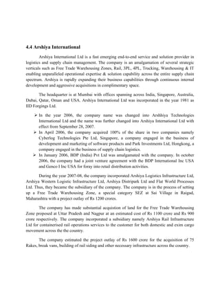 4.4 Arshiya International
Arshiya International Ltd is a fast emerging end-to-end service and solution provider in
logistics and supply chain management. The company is an amalgamation of several strategic
verticals such as Free Trade Warehousing Zones, Rail, 3PL, 4PL, Trucking, Warehousing & IT
enabling unparalleled operational expertise & solution capability across the entire supply chain
spectrum. Arshiya is rapidly expanding their business capabilities through continuous internal
development and aggressive acquisitions in complimentary space.
The headquarter is at Mumbai with offices spanning across India, Singapore, Australia,
Dubai, Qatar, Oman and USA. Arshiya International Ltd was incorporated in the year 1981 as
IID Forgings Ltd.
Ø In the year 2006, the company name was changed into Arshhiya Technologies
International Ltd and the name was further changed into Arshiya International Ltd with
effect from September 28, 2007.
Ø In April 2006, the company acquired 100% of the share in two companies namely
Cyberlog Technologies Pte Ltd, Singapore, a company engaged in the business of
development and marketing of software products and Park Investments Ltd, Hongkong, a
company engaged in the business of supply chain logistics.
Ø In January 2006, BDP (India) Pvt Ltd was amalgamated with the company. In october
2006, the company had a joint venture agreement with the BDP International Inc USA
and Genco I Inc USA for foray into retail distribution activities.
During the year 2007-08, the company incorporated Arshiya Logistics Infrastructure Ltd,
Arshiya Western Logistic Infrastructure Ltd, Arshiya Distripark Ltd and Flat World Processes
Ltd. Thus, they became the subsidiary of the company. The company is in the process of setting
up a Free Trade Warehousing Zone, a special category SEZ at Sai Village in Raigad,
Maharashtra with a project outlay of Rs 1200 crores.
The company has made substantial acquistion of land for the Free Trade Warehousing
Zone proposed at Uttar Pradesh and Nagpur at an estimated cost of Rs 1100 crore and Rs 900
crore respectively. The company incorporated a subsidiary namely Arshiya Rail Infrastructure
Ltd for containerised rail operations services to the customer for both domestic and exim cargo
movement across the the country.
The company estimated the project outlay of Rs 1600 crore for the acquisition of 75
Rakes, break vans, building of rail siding and other necessary infrastructure across the country.
 