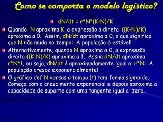 Como se comporta o modelo logístico?
                    dN/dt = r*N*(K-N)/K
Quando N aproxima K, a expressão a direta ((K-N)/K)
aproxima a 0. Assim, dN/dt aproxima a 0, o que significa
que N não muda no tempo: A população é estável!
Alternativamente, quando N aproxima a 0, a expressão
direita ((K-N)/K) aproxima a 1. Assim dN/dt aproxima
r*N*1, ou seja, dN/dt é aproximadamente igual a r*N: A
população cresce exponencialmente!
O gráfico def N versus o tempo (t) tem forma sigmoide.
Começa com o crescimento exponencial e depois aproxima a
capacidade de suporte com uma tangente igual a zero.
 