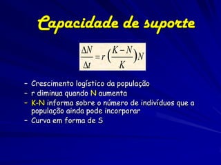 Capacidade de suporte
                N     KN
                   r(     )N
                t      K
– Crescimento logístico da população
– r diminua quando N aumenta
– K-N informa sobre o número de indivíduos que a
  população ainda pode incorporar
– Curva em forma de S
 
