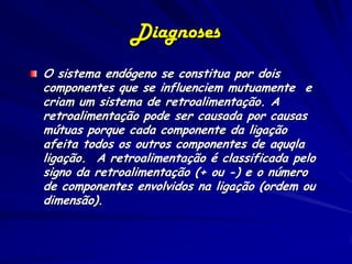 Diagnoses
O sistema endógeno se constitua por dois
componentes que se influenciem mutuamente e
criam um sistema de retroalimentação. A
retroalimentação pode ser causada por causas
mútuas porque cada componente da ligação
afeita todos os outros componentes de aquqla
ligação. A retroalimentação é classificada pelo
signo da retroalimentação (+ ou -) e o número
de componentes envolvidos na ligação (ordem ou
dimensão).
 