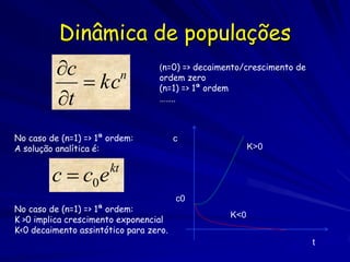 Dinâmica de populações
          c                      (n=0) => decaimento/crescimento de

              kcn                ordem zero
                                  (n=1) => 1ª ordem
          t                      ……..



No caso de (n=1) => 1ª ordem:           c
A solução analítica é:                                  K>0


         c  c0e       kt

                                        c0
No caso de (n=1) => 1ª ordem:
                                                  K<0
K >0 implica crescimento exponencial
K<0 decaimento assintótico para zero.
                                                                       t
 