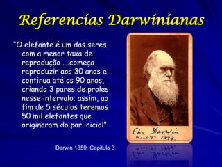 Referencias Darwinianas
“O elefante é um das seres
  com a menor taxa de
  reprodução ….começa
  reproduzir aos 30 anos e
  continua até os 90 anos,
  criando 3 pares de proles
  nesse intervalo; assim, ao
  fim de 5 séculos teremos
  50 mil elefantes que
  originaram do par inicial”


            Darwin 1859, Capitulo 3
 