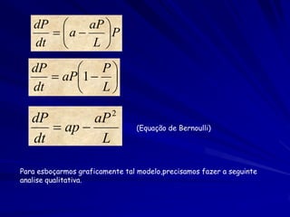 dP      aP 
      a     P
   dt       L 

   dP      P
       aP1  
   dt        L
                         2
   dP        aP
       ap                     (Equação de Bernoulli)
   dt         L

Para esboçarmos graficamente tal modelo,precisamos fazer a seguinte
analise qualitativa.
 