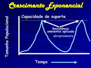 Crescimento Exponencial
                       Capacidade de suporte
Tamanho Populacional




                                      Resistência
                                   ambiental aplicada
                                       abruptamente




                             Tempo
 