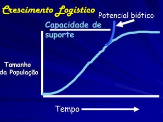Crescimento Logístico      Potencial biótico
               Capacidade de
               suporte


 Tamanho
da População




                 Tempo
 