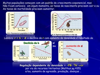 Muitas populações começam com um padrão de crescimento exponencial, mas
Não ficam estaveis; em algum momento, as taxas de nascimento precisam cair e ou
As taxas de mortalidade precisam aumentar.




 Lembre: r = b - d; o declínio de r com aumento de densidade é resultado de
                 Declínio de b           e/
                                         ou         aumento de d




             Regulação dependente da densidade = -FB: N r
                 por via de recursos limitantes (Malthus pg 435)
                 e/ou, aumento de agressão, predação, doenças …
 