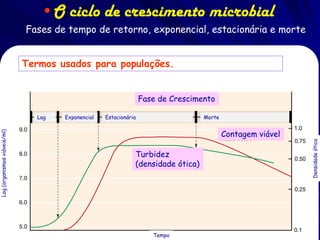 •O ciclo de crescimento microbial
                              Fases de tempo de retorno, exponencial, estacionária e morte


                              Termos usados para populações.


                                                                    Fase de Crescimento

                                 Lag   Exponencial   Estacionária                   Morte


                                                                                            Contagem viável
Log (organismos viáveis/ml)




                                                                                                              Densidade ótica
                                                                Turbidez
                                                                (densidade ótica)




                                                                       Tempo
 