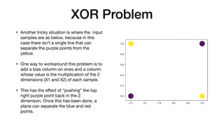 XOR Problem
• Another tricky situation is where the  input
samples are as below, because in this
case there isn’t a single line that can
separate the purple points from the
yellow.

• One way to workaround this problem is to
add a bias column on ones and a column
whose value is the multiplication of the 2
dimensions (X1 and X2) of each sample. 

• This has the eﬀect of “pushing” the top
right purple point back in the Z
dimension. Once this has been done, a
plane can separate the blue and red
points.
 