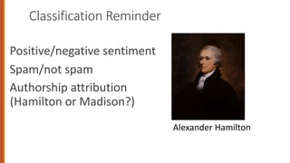 Classification Reminder
Positive/negative sentiment
Spam/not spam
Authorship attribution
(Hamilton or Madison?)
Alexander Hamilton
 