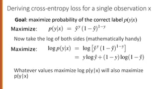 Deriving cross-entropy loss for a single observation x
Now take the log of both sides (mathematically handy)
Whatever values maximize log p(y|x) will also maximize
p(y|x)
he probability p(y|x) that our classifier produces for one observa
wing (keeping in mind that if y=1, Eq. 5.9 simplifies to ŷ; if y=0,
s to 1 ŷ):
p(y|x) = ŷy
(1 ŷ)1 y
take the log of both sides. This will turn out to be handy mathema
n’t hurt us; whatever values maximize a probability will also maxim
e probability:
log p(y|x) = log
⇥
ŷy
(1 ŷ)1 y
⇤
= ylogŷ+(1 y)log(1 ŷ)
p(y|x) = ŷy
(1 ŷ)1 y
Now we take the log of both sides. This will turn out to be handy m
nd doesn’t hurt us; whatever values maximize a probability will also
og of the probability:
log p(y|x) = log
⇥
ŷy
(1 ŷ)1 y
⇤
= ylogŷ+(1 y)log(1 ŷ)
Eq. 5.10 describes a log likelihood that should be maximized. In or
nto loss function (something that we need to minimize), we’ll just
Eq. 5.10. The result is the cross-entropy loss LCE:
Goal: maximize probability of the correct label p(y|x)
Maximize:
Maximize:
 