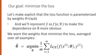 Our goal: minimize the loss
Let's make explicit that the loss function is parameterized
by weights !=(w,b)
• And we’ll represent "
# as f (x; θ ) to make the
dependence on θ more obvious
We want the weights that minimize the loss, averaged
over all examples:
th gradient descent is to find the optimal weights: minim
ve defined for the model. In Eq. 5.13 below, we’ll explici
the loss function L is parameterized by the weights, whic
e learning in general as q (in the case of logistic regressio
s to find the set of weights which minimizes the loss functi
mples:
q̂ = argmin
q
1
m
m
X
i=1
LCE(f(x(i)
;q),y(i)
)
 