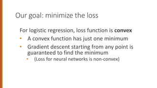 Our goal: minimize the loss
For logistic regression, loss function is convex
• A convex function has just one minimum
• Gradient descent starting from any point is
guaranteed to find the minimum
• (Loss for neural networks is non-convex)
 