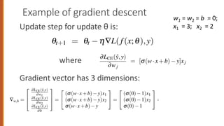 Example of gradient descent
Update step for update θ is:
where
Gradient vector has 3 dimensions:
al equation for updating q based on the gradient is thus
qt+1 = qt h—L( f (x;q),y)
Let’s assume the initial weights and bias in q0 are all set to 0, and the initial learning
rate h is 0.1:
w1 = w2 = b = 0
h = 0.1
The single update step requires that we compute the gradient, multiplied by the
learning rate
qt+1
= qt
h—q L( f(x(i)
;q),y(i)
)
In our mini example there are three parameters, so the gradient vector has 3 dimen-
sions, for w1, w2, and b. We can compute the first gradient as follows:
—w,b =
2
6
4
∂LCE(ŷ,y)
∂w1
∂LCE(ŷ,y)
∂w2
∂LCE(ŷ,y)
∂b
3
7
5 =
2
4
(s(w·x+b) y)x1
(s(w·x+b) y)x2
s(w·x+b) y
3
5 =
2
4
(s(0) 1)x1
(s(0) 1)x2
s(0) 1
3
5 =
2
4
0.5x1
0.5x2
0.5
3
5 =
2
4
1.5
1.0
0.5
3
5
Now that we have a gradient, we compute the new parameter vector q1 by moving
w1 = w2 = b = 0;
x1 = 3; x2 = 2
5.4.1 The Gradient for Logistic Regression
In order to update q, we need a definition for the gradient —L( f(x;q),y). Re
for logistic regression, the cross-entropy loss function is:
LCE(ŷ,y) = [ylogs(w·x+b)+(1 y)log(1 s(w·x+b))]
It turns out that the derivative of this function for one observation ve
Eq. 5.18 (the interested reader can see Section 5.8 for the derivation of this eq
∂LCE(ŷ,y)
∂wj
= [s(w·x+b) y]xj
Note in Eq. 5.18 that the gradient with respect to a single weight wj rep
very intuitive value: the difference between the true y and our estimated ŷ
x+b) for that observation, multiplied by the corresponding input value xj.
5.4.2 The Stochastic Gradient Descent Algorithm
Stochastic gradient descent is an online algorithm that minimizes the loss
 