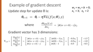 Example of gradient descent
Update step for update θ is:
where
Gradient vector has 3 dimensions:
al equation for updating q based on the gradient is thus
qt+1 = qt h—L( f (x;q),y)
Let’s assume the initial weights and bias in q0 are all set to 0, and the initial learning
rate h is 0.1:
w1 = w2 = b = 0
h = 0.1
The single update step requires that we compute the gradient, multiplied by the
learning rate
qt+1
= qt
h—q L( f(x(i)
;q),y(i)
)
In our mini example there are three parameters, so the gradient vector has 3 dimen-
sions, for w1, w2, and b. We can compute the first gradient as follows:
—w,b =
2
6
4
∂LCE(ŷ,y)
∂w1
∂LCE(ŷ,y)
∂w2
∂LCE(ŷ,y)
∂b
3
7
5 =
2
4
(s(w·x+b) y)x1
(s(w·x+b) y)x2
s(w·x+b) y
3
5 =
2
4
(s(0) 1)x1
(s(0) 1)x2
s(0) 1
3
5 =
2
4
0.5x1
0.5x2
0.5
3
5 =
2
4
1.5
1.0
0.5
3
5
Now that we have a gradient, we compute the new parameter vector q1 by moving
w1 = w2 = b = 0;
x1 = 3; x2 = 2
5.4.1 The Gradient for Logistic Regression
In order to update q, we need a definition for the gradient —L( f(x;q),y). Re
for logistic regression, the cross-entropy loss function is:
LCE(ŷ,y) = [ylogs(w·x+b)+(1 y)log(1 s(w·x+b))]
It turns out that the derivative of this function for one observation ve
Eq. 5.18 (the interested reader can see Section 5.8 for the derivation of this eq
∂LCE(ŷ,y)
∂wj
= [s(w·x+b) y]xj
Note in Eq. 5.18 that the gradient with respect to a single weight wj rep
very intuitive value: the difference between the true y and our estimated ŷ
x+b) for that observation, multiplied by the corresponding input value xj.
5.4.2 The Stochastic Gradient Descent Algorithm
Stochastic gradient descent is an online algorithm that minimizes the loss
 