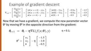 Example of gradient descent
—q L( f (x;q),y)) =
6
6
6
4
∂w2
L( f (x;q),y)
.
.
.
∂
∂wn
L( f (x;q),y)
7
7
7
5
(5.15)
on for updating q based on the gradient is thus
qt+1 = qt h—L( f (x;q),y) (5.16)
In our mini example there are three parameters, so the gradient vector has 3 dimen-
sions, for w1, w2, and b. We can compute the first gradient as follows:
—w,b =
2
6
4
∂LCE(ŷ,y)
∂w1
∂LCE(ŷ,y)
∂w2
∂LCE(ŷ,y)
∂b
3
7
5 =
2
4
(s(w·x+b) y)x1
(s(w·x+b) y)x2
s(w·x+b) y
3
5 =
2
4
(s(0) 1)x1
(s(0) 1)x2
s(0) 1
3
5 =
2
4
0.5x1
0.5x2
0.5
3
5 =
2
4
1.5
1.0
0.5
3
5
Now that we have a gradient, we compute the new parameter vector q1 by moving
q0 in the opposite direction from the gradient:
q1
=
2
4
w1
w2
b
3
5 h
2
4
1.5
1.0
0.5
3
5 =
2
4
.15
.1
.05
3
5
So after one step of gradient descent, the weights have shifted to be: w1 = .15,
w2 = .1, and b = .05.
Note that this observation x happened to be a positive example. We would expect
that after seeing more negative examples with high counts of negative words, that
the weight w2 would shift to have a negative value.
η = 0.1;
r mini example there are three parameters, so the gradient vector has 3 dimen-
for w1, w2, and b. We can compute the first gradient as follows:
=
2
4
(s(w·x+b) y)x1
(s(w·x+b) y)x2
s(w·x+b) y
3
5 =
2
4
(s(0) 1)x1
(s(0) 1)x2
s(0) 1
3
5 =
2
4
0.5x1
0.5x2
0.5
3
5 =
2
4
1.5
1.0
0.5
3
5
that we have a gradient, we compute the new parameter vector q1 by moving
the opposite direction from the gradient:
q1
=
2
4
w1
w2
b
3
5 h
2
4
1.5
1.0
0.5
3
5 =
2
4
.15
.1
.05
3
5
ter one step of gradient descent, the weights have shifted to be: w = .15,
Now that we have a gradient, we compute the new parameter vector
θ1 by moving θ0 in the opposite direction from the gradient:
 