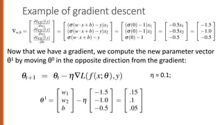 Example of gradient descent
—q L( f (x;q),y)) =
6
6
6
4
∂w2
L( f (x;q),y)
.
.
.
∂
∂wn
L( f (x;q),y)
7
7
7
5
(5.15)
on for updating q based on the gradient is thus
qt+1 = qt h—L( f (x;q),y) (5.16)
In our mini example there are three parameters, so the gradient vector has 3 dimen-
sions, for w1, w2, and b. We can compute the first gradient as follows:
—w,b =
2
6
4
∂LCE(ŷ,y)
∂w1
∂LCE(ŷ,y)
∂w2
∂LCE(ŷ,y)
∂b
3
7
5 =
2
4
(s(w·x+b) y)x1
(s(w·x+b) y)x2
s(w·x+b) y
3
5 =
2
4
(s(0) 1)x1
(s(0) 1)x2
s(0) 1
3
5 =
2
4
0.5x1
0.5x2
0.5
3
5 =
2
4
1.5
1.0
0.5
3
5
Now that we have a gradient, we compute the new parameter vector q1 by moving
q0 in the opposite direction from the gradient:
q1
=
2
4
w1
w2
b
3
5 h
2
4
1.5
1.0
0.5
3
5 =
2
4
.15
.1
.05
3
5
So after one step of gradient descent, the weights have shifted to be: w1 = .15,
w2 = .1, and b = .05.
Note that this observation x happened to be a positive example. We would expect
that after seeing more negative examples with high counts of negative words, that
the weight w2 would shift to have a negative value.
η = 0.1;
r mini example there are three parameters, so the gradient vector has 3 dimen-
for w1, w2, and b. We can compute the first gradient as follows:
=
2
4
(s(w·x+b) y)x1
(s(w·x+b) y)x2
s(w·x+b) y
3
5 =
2
4
(s(0) 1)x1
(s(0) 1)x2
s(0) 1
3
5 =
2
4
0.5x1
0.5x2
0.5
3
5 =
2
4
1.5
1.0
0.5
3
5
that we have a gradient, we compute the new parameter vector q1 by moving
the opposite direction from the gradient:
q1
=
2
4
w1
w2
b
3
5 h
2
4
1.5
1.0
0.5
3
5 =
2
4
.15
.1
.05
3
5
ter one step of gradient descent, the weights have shifted to be: w = .15,
Now that we have a gradient, we compute the new parameter vector
θ1 by moving θ0 in the opposite direction from the gradient:
 