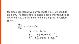 for gradient descent we don’t need the loss, we need its
gradient. The gradient for a single example turns out to be
very similar to the gradient for binary logistic regression,
(!
" −y)x,
 