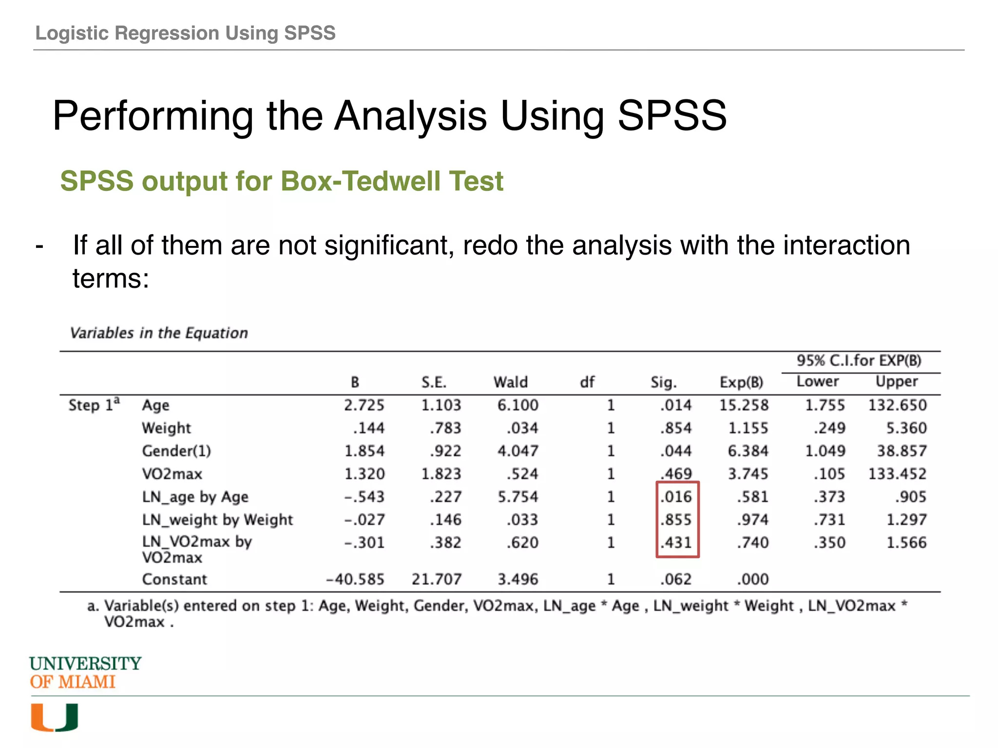 Logistic Regression Using SPSS
Performing the Analysis Using SPSS
SPSS output for Box-Tedwell Test
- If all of them are not significant, redo the analysis with the interaction
terms:
 